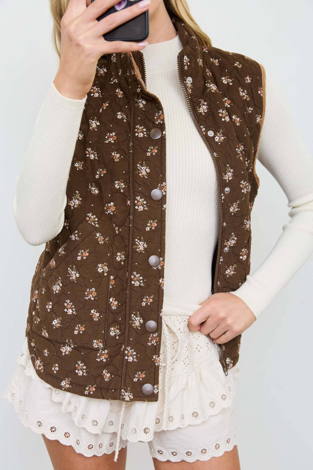 Morgan FLORAL QUILTED ZIP-FRONT MOCK NECK VEST