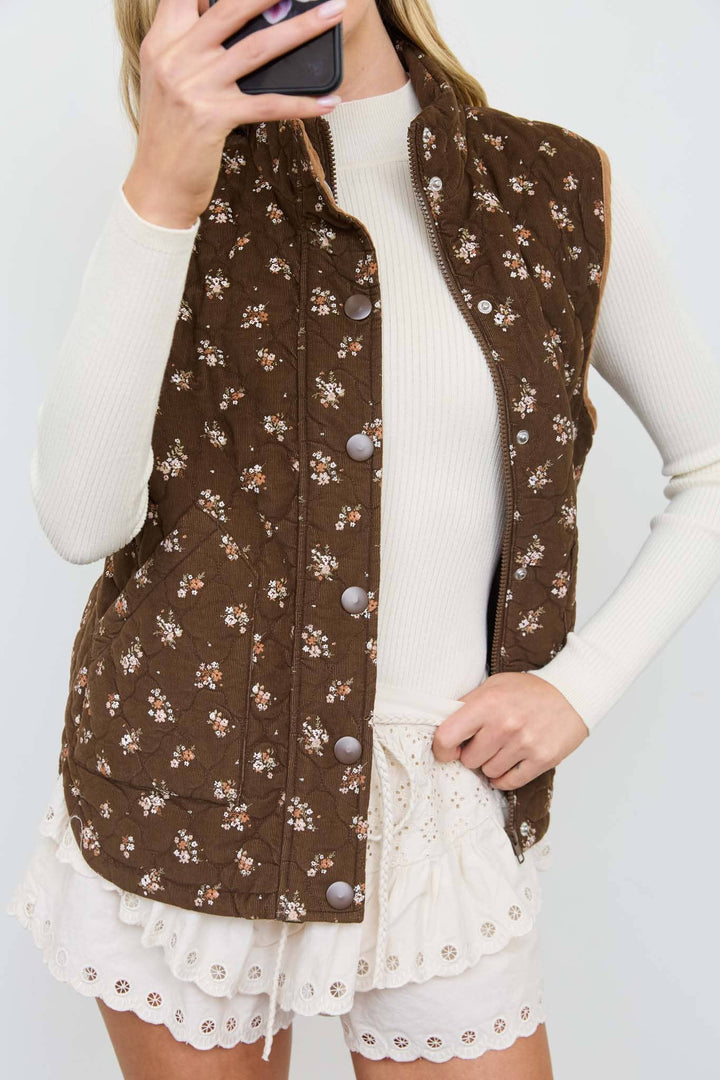 Morgan FLORAL QUILTED ZIP-FRONT MOCK NECK VEST