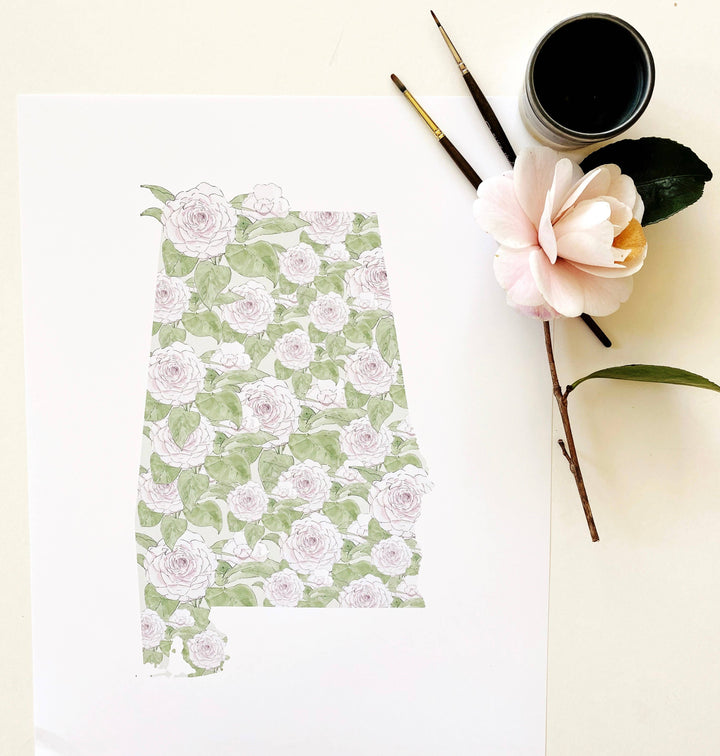 Alabama State Flower Map - ART PRINT  : Watercolor / 8" x 10"