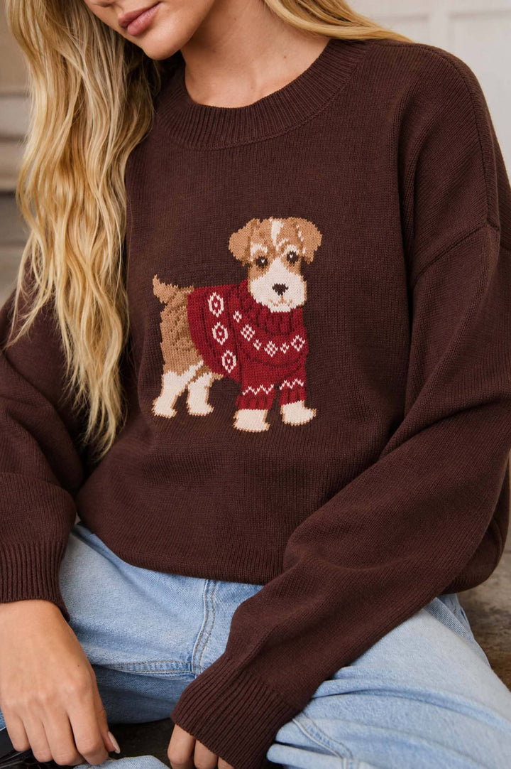 Bridgette Puppy Jacquard Long Sleeve Knit Pullover- Brown