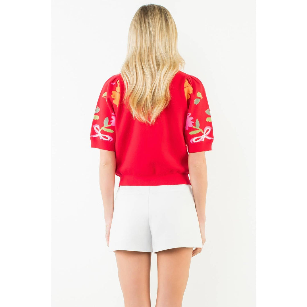 Elodie- Short Sleeve Floral Detail Knit Top - Pine & Moss