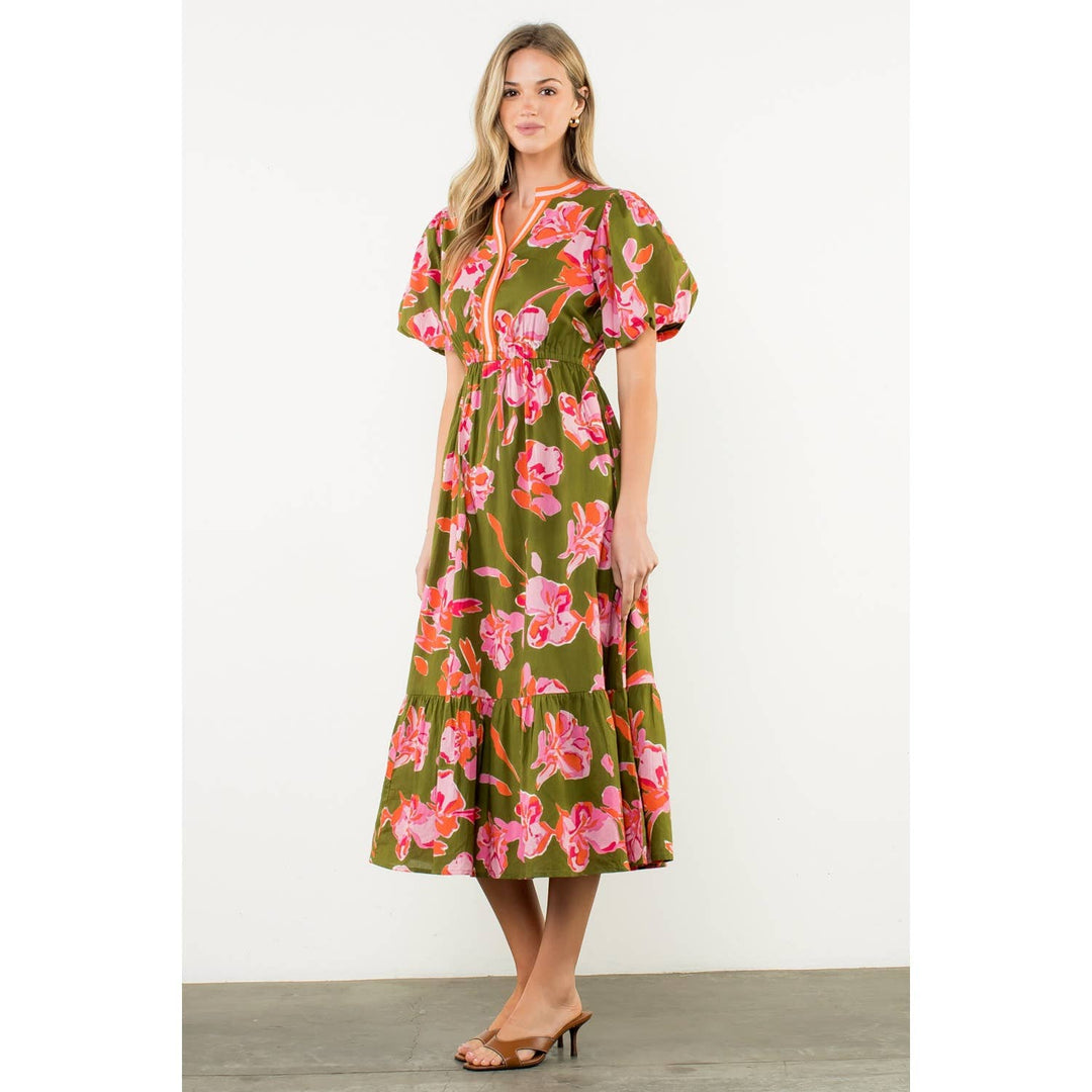 Adelaide- Puff Sleeve Floral Midi Dress - Pine & Moss