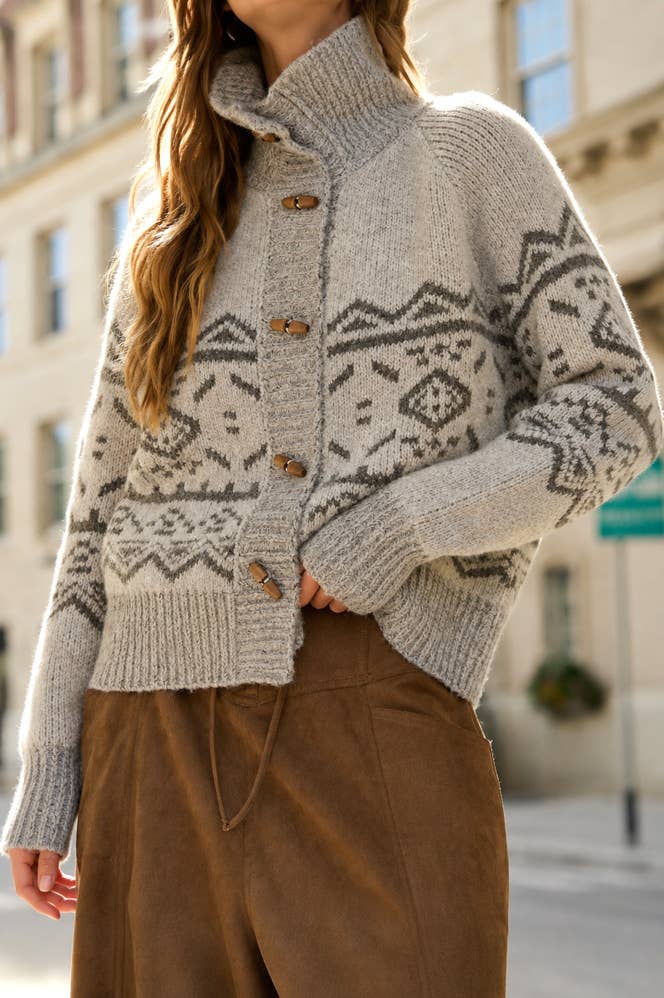 Ava MOCK NECK TOGGLE BUTTON FAIR ISLE KNIT CARDIGAN