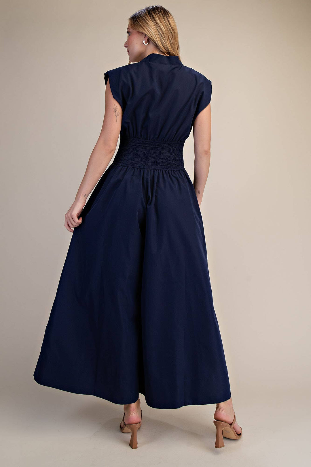 Georgina Cap-Sleeve Smocked Front-Zip Jumpsuit- Navy