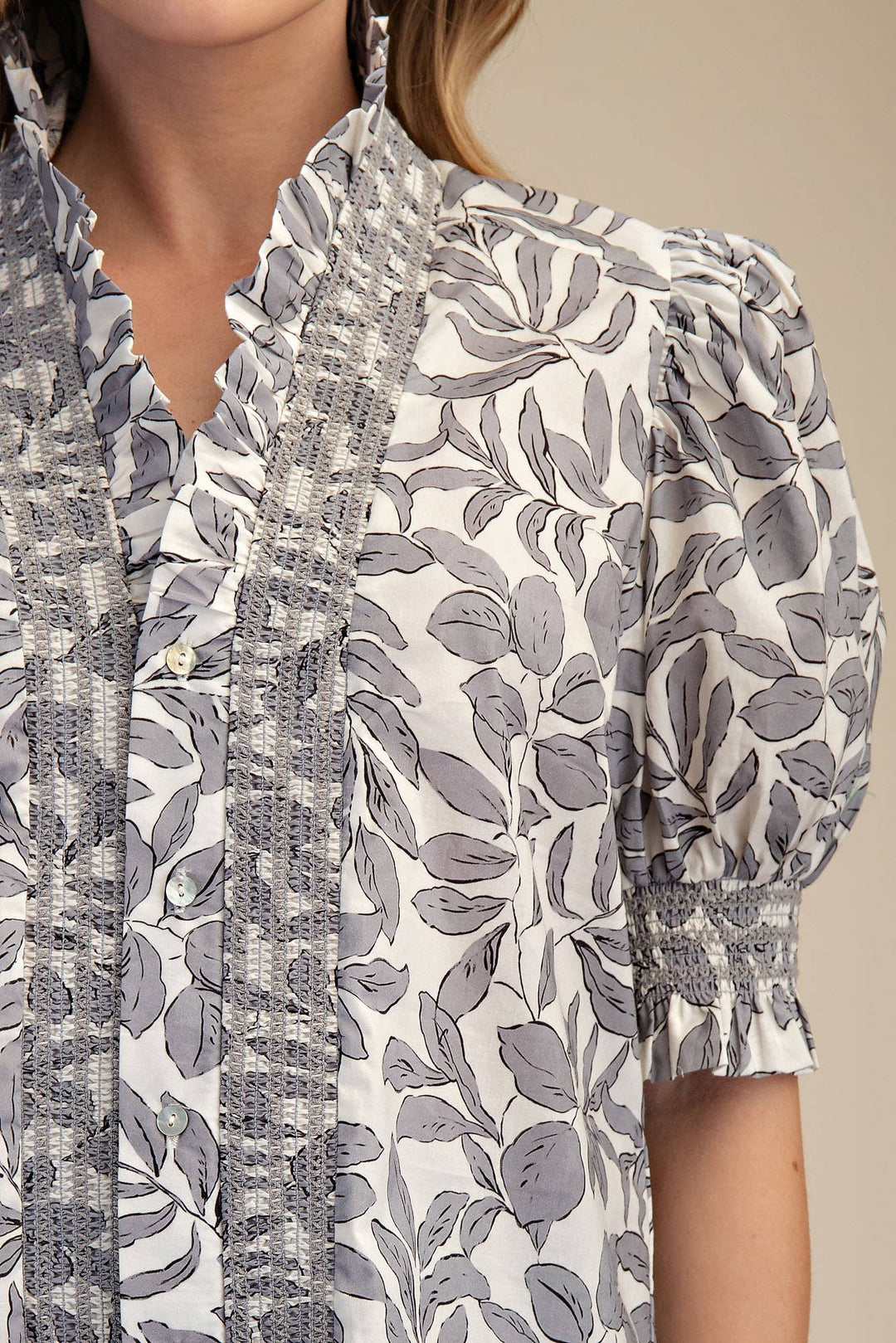 Lila Ruffle V-Neck Smocked Puff Sleeve Blouse- Black - Pine & Moss