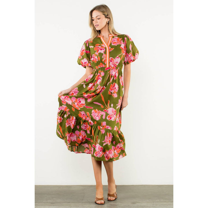 Adelaide- Puff Sleeve Floral Midi Dress - Pine & Moss
