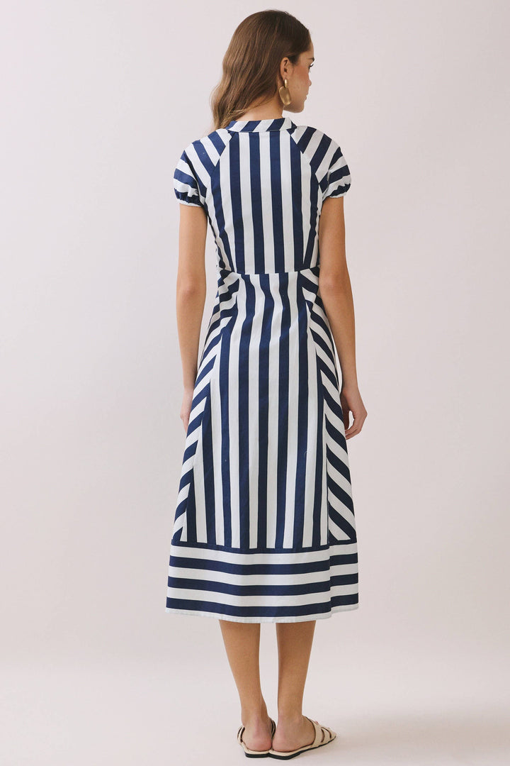 Thea Mixed Striped Button Down Midi Dress- navy