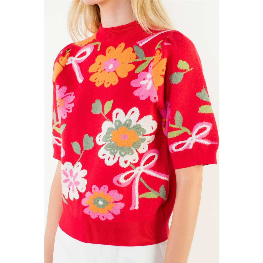 Elodie- Short Sleeve Floral Detail Knit Top - Pine & Moss