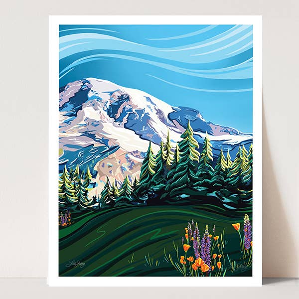 Mount Rainier & Wildflowers Art Print - National Park: 5x7