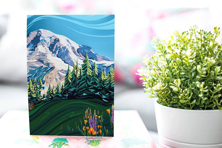 Mount Rainier and Wildflowers Greeting Card