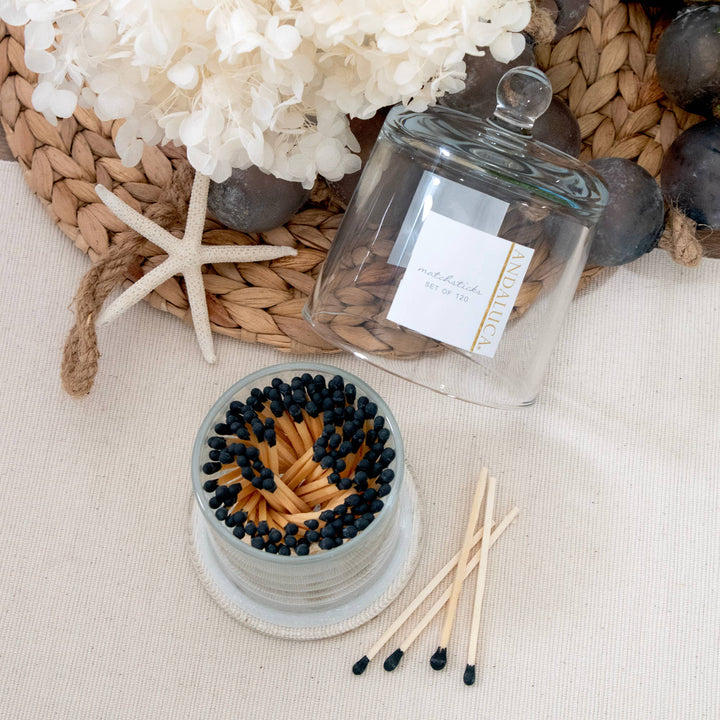 Glass Jar with Lid &amp; 120 Wooden Black Matches