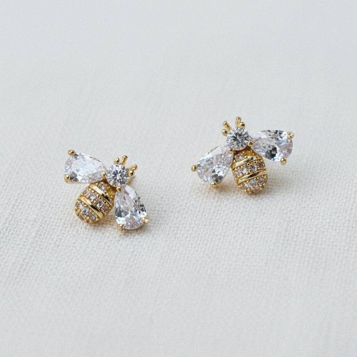 Honeysuckle- Miniature Cubic Zirconia Bee Stud Earrings - Pine & Moss