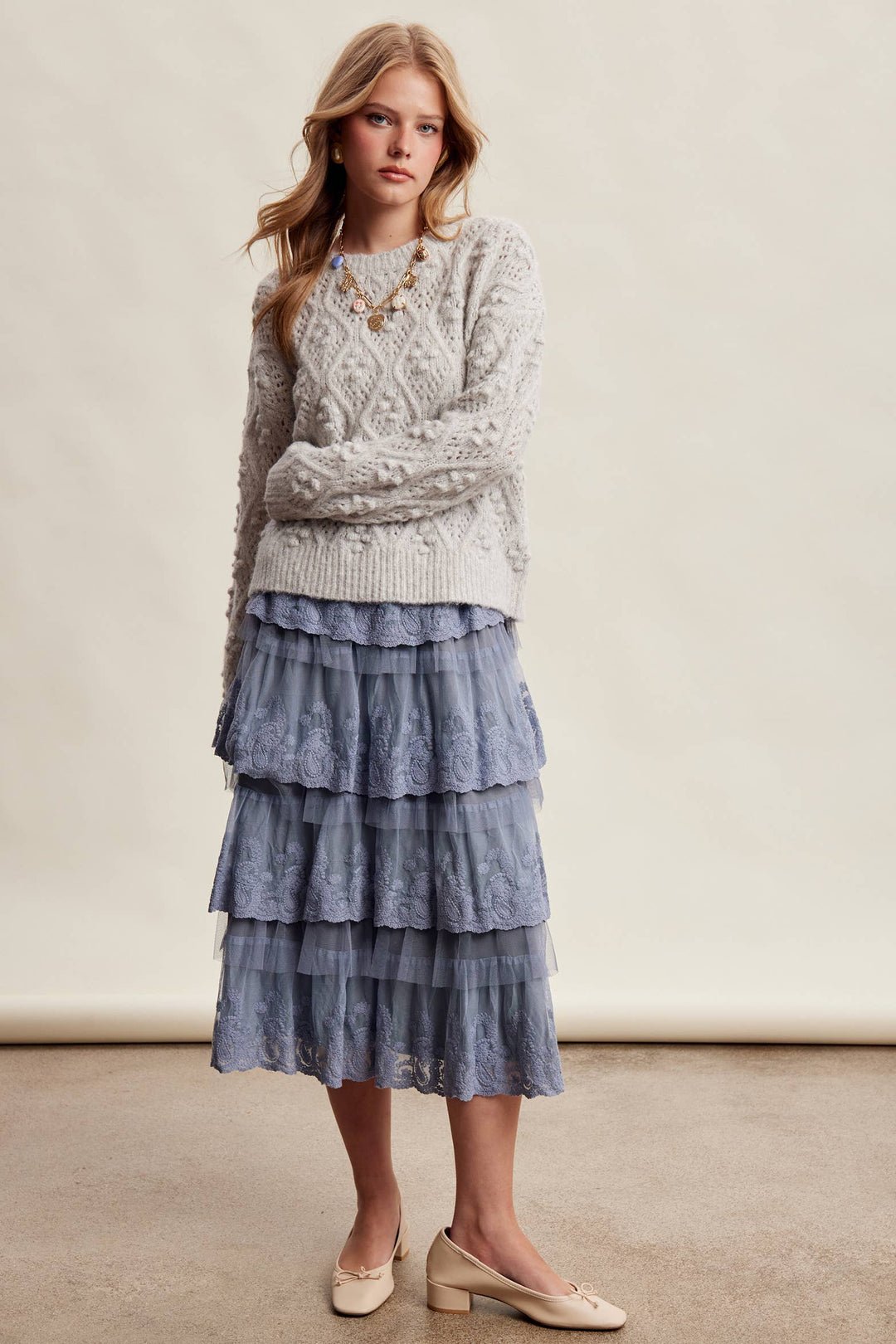 Jodi Bobble Pointelle Knit Sweater