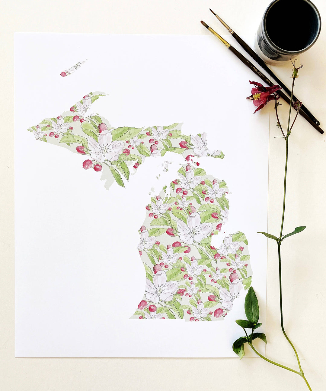 Michigan State Flower Map - ART PRINT : Watercolor / 8" x 10"