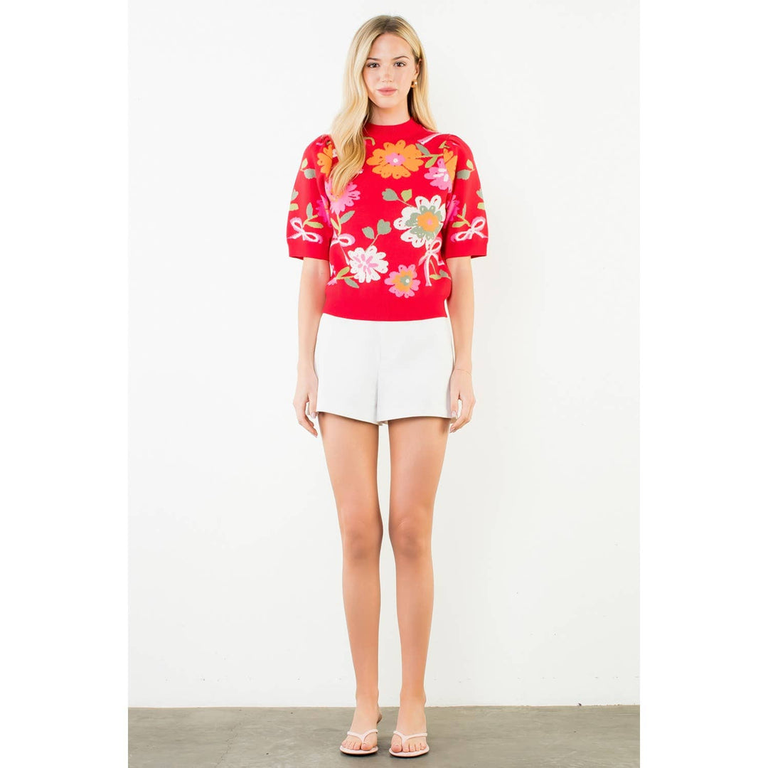 Elodie- Short Sleeve Floral Detail Knit Top - Pine & Moss