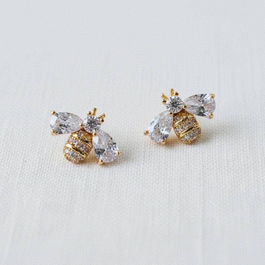 Honeysuckle- Miniature Cubic Zirconia Bee Stud Earrings - Pine & Moss
