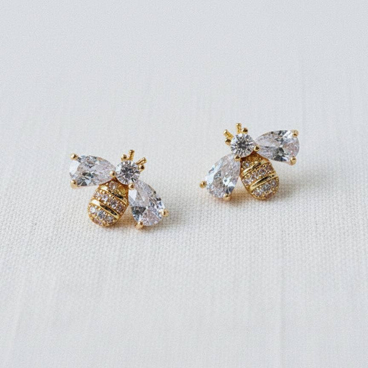 Honeysuckle- Miniature Cubic Zirconia Bee Stud Earrings - Pine & Moss