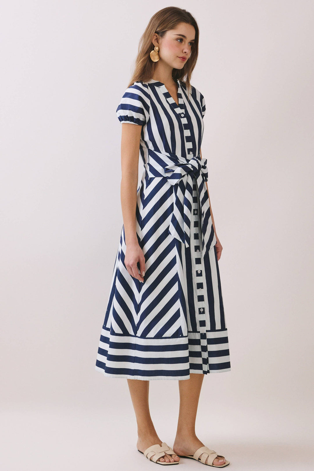 Thea Mixed Striped Button Down Midi Dress- navy