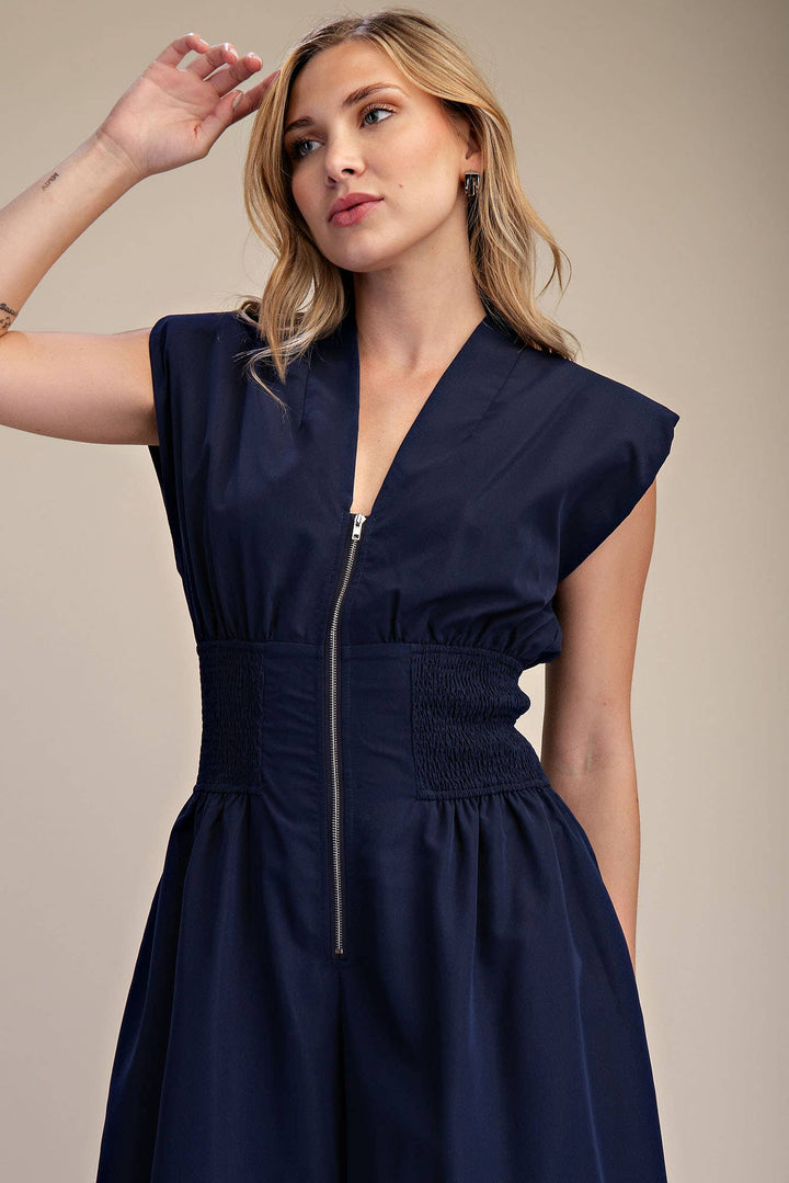 Georgina Cap-Sleeve Smocked Front-Zip Jumpsuit- Navy