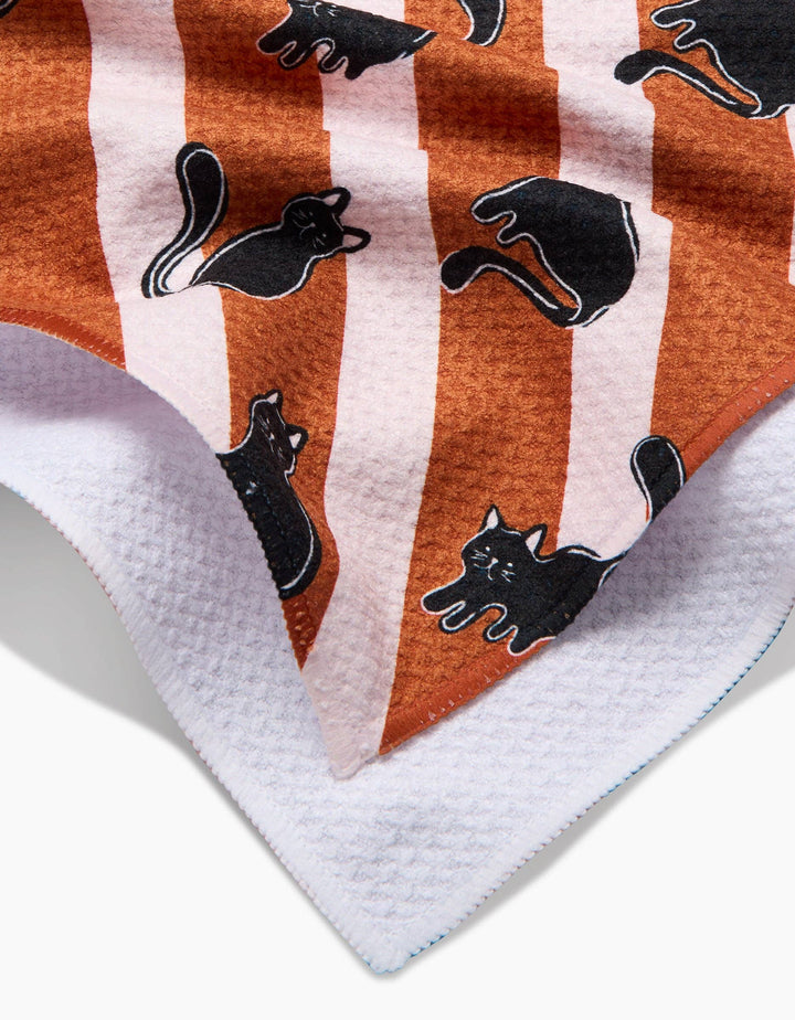 Geometry Striped Black Cats Orange Tea Towel