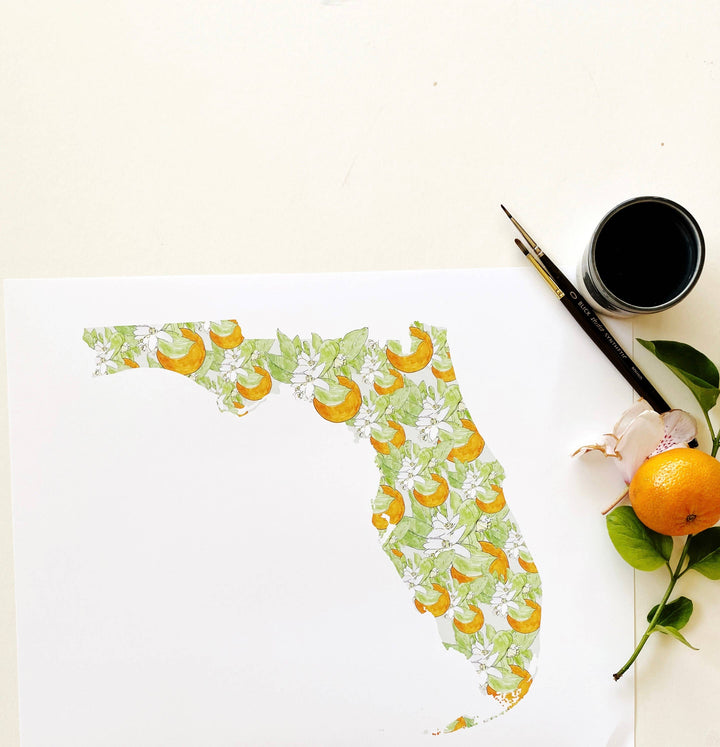 Florida State Flower Map - ART PRINT  : Watercolor / 8" x 10"