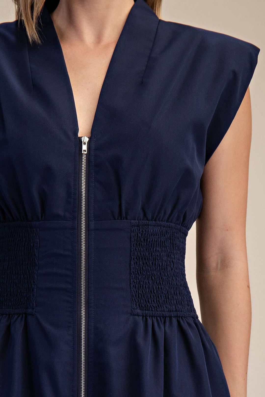 Georgina Cap-Sleeve Smocked Front-Zip Jumpsuit- Navy
