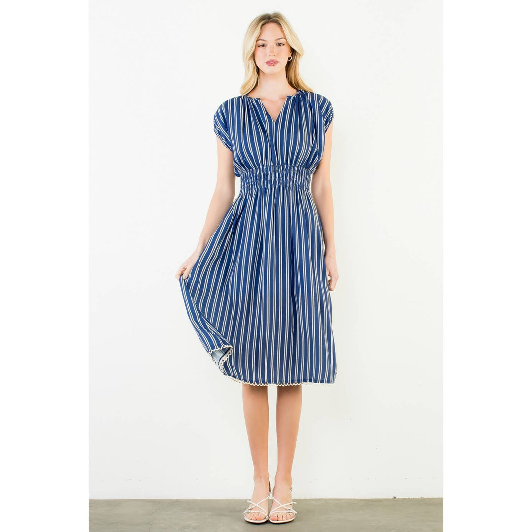 Lillian- Striped Smocked Waist Short Sleeve Dress - Pine & Moss