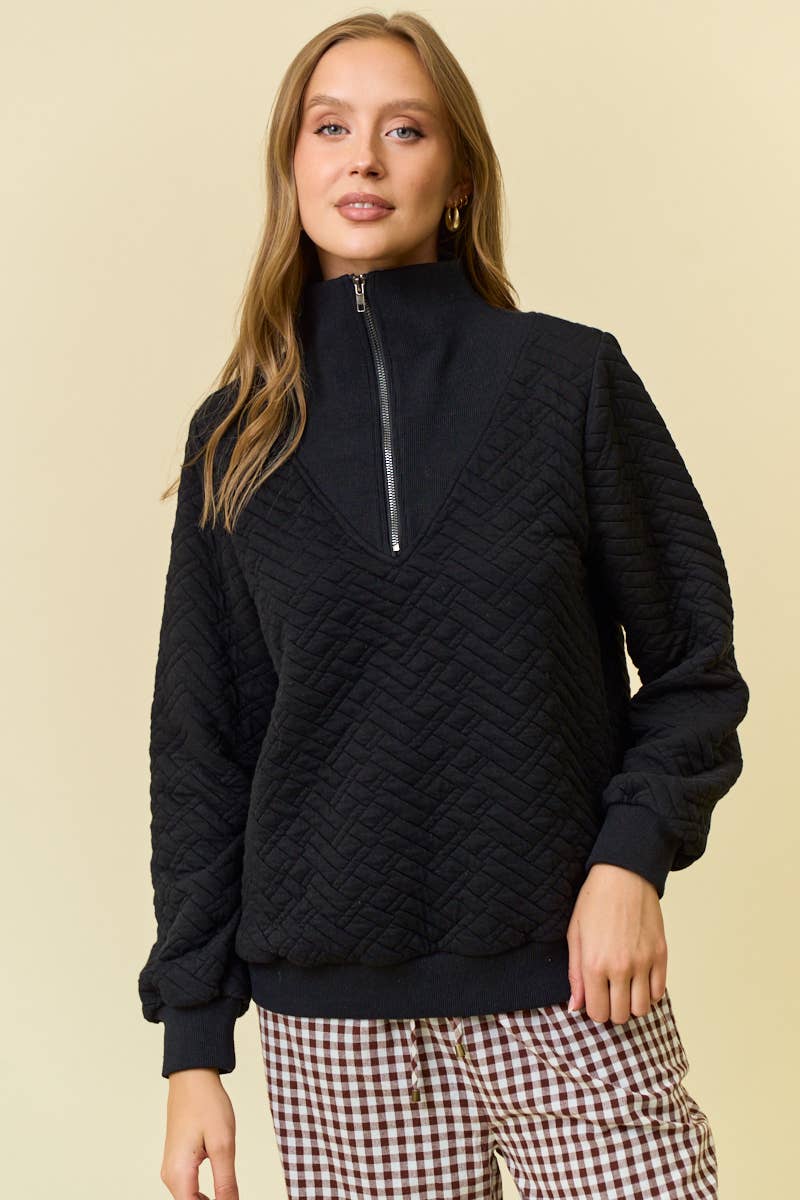 Bailey Quilted Half Zip Top- Black