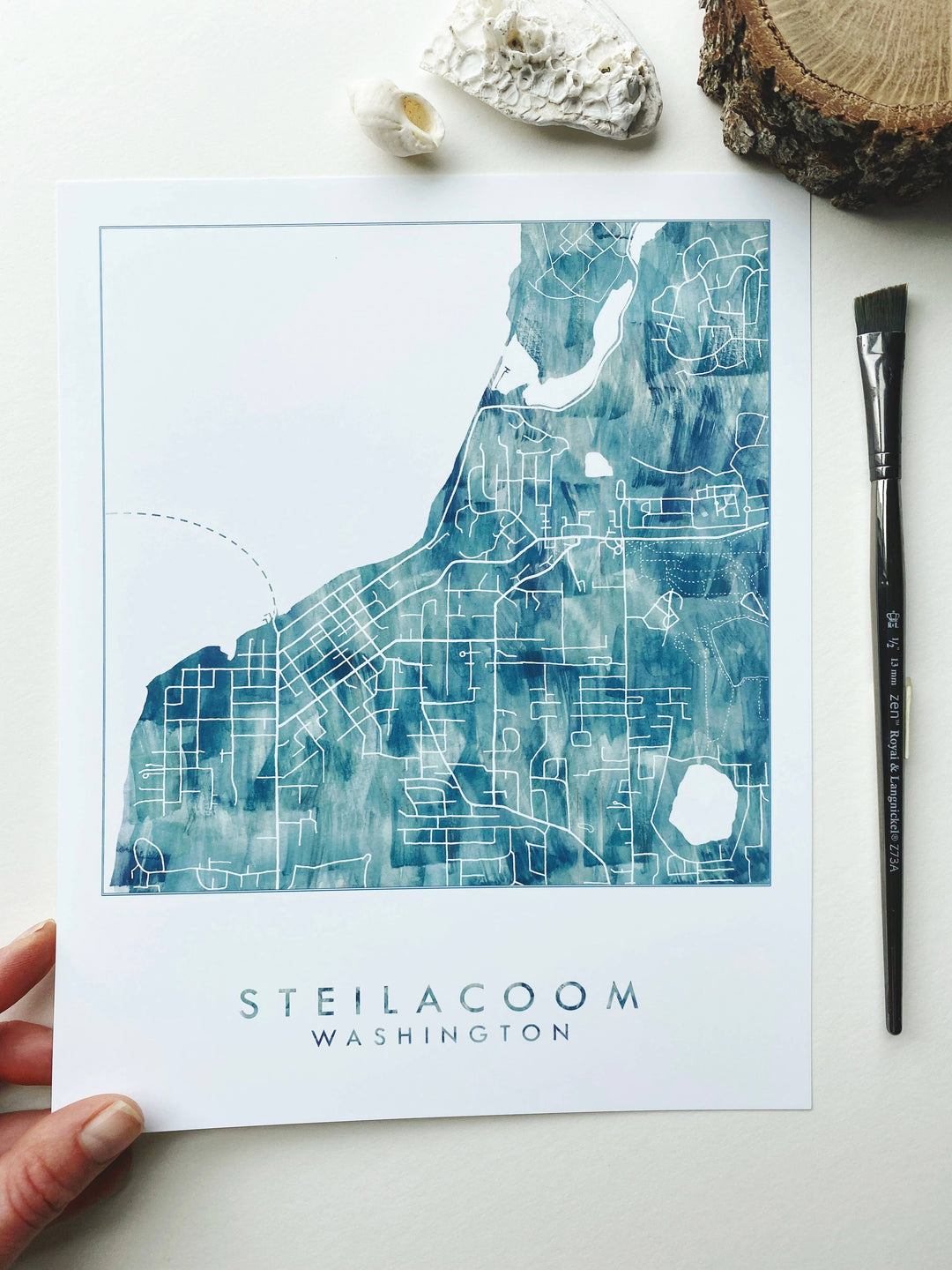 Steilacoom Washington Watercolor Wash Map ART PRINT: 8 x 10 - Pine & Moss