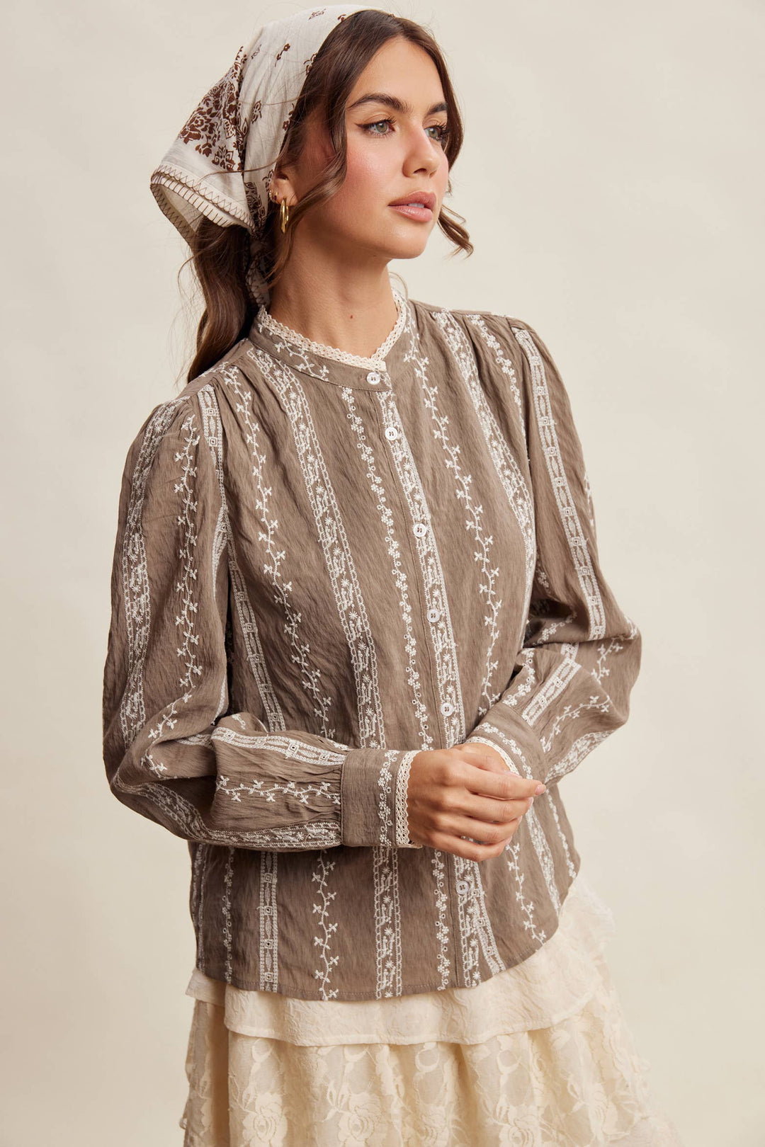 Lillian Embroidered Lace Trim Button-Up Blouse