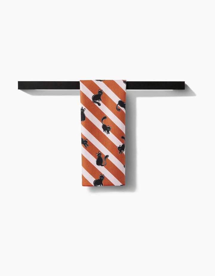 Geometry Striped Black Cats Orange Tea Towel