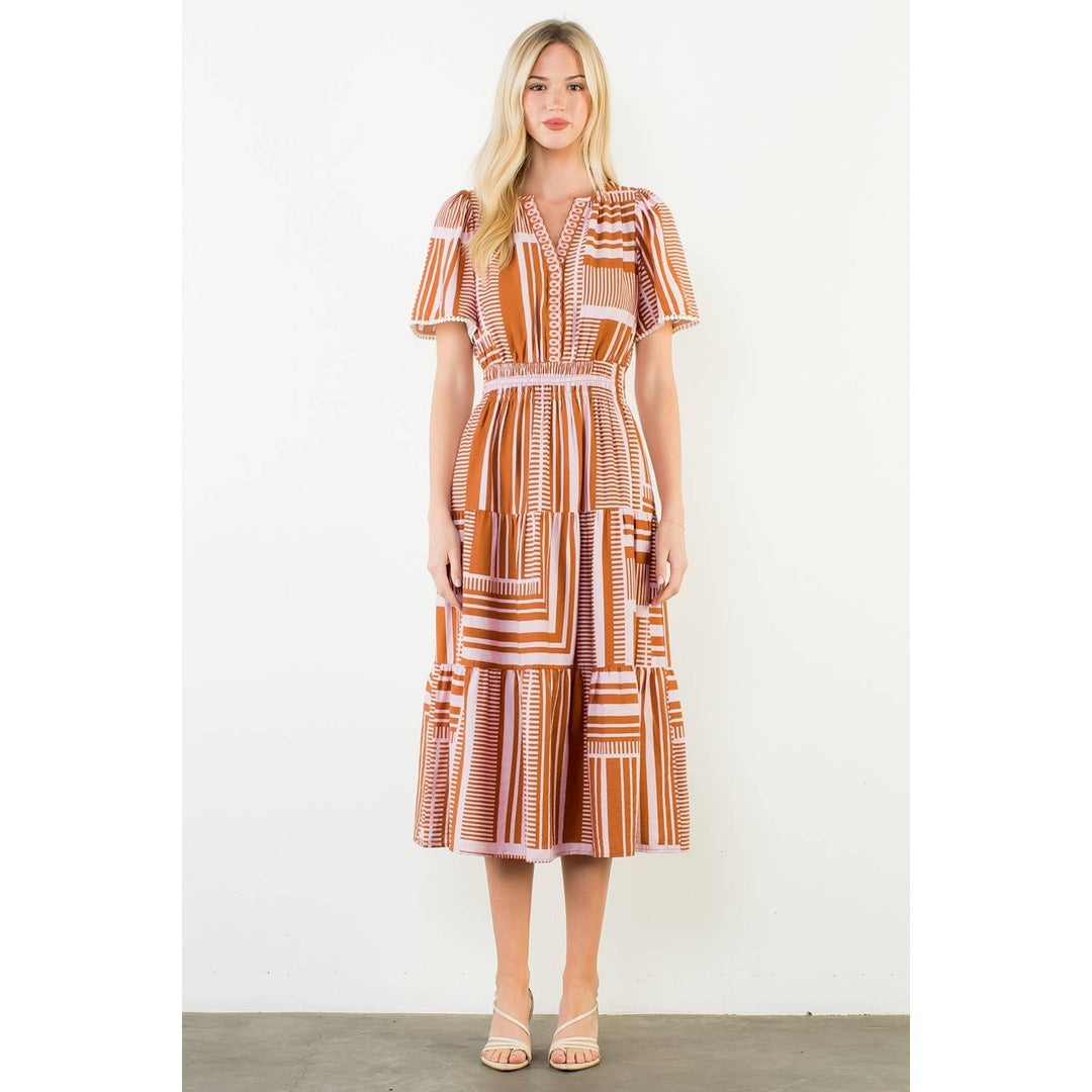 Maribel- Short Sleeve Pattern Smocked Midi Dress - Pine & Moss