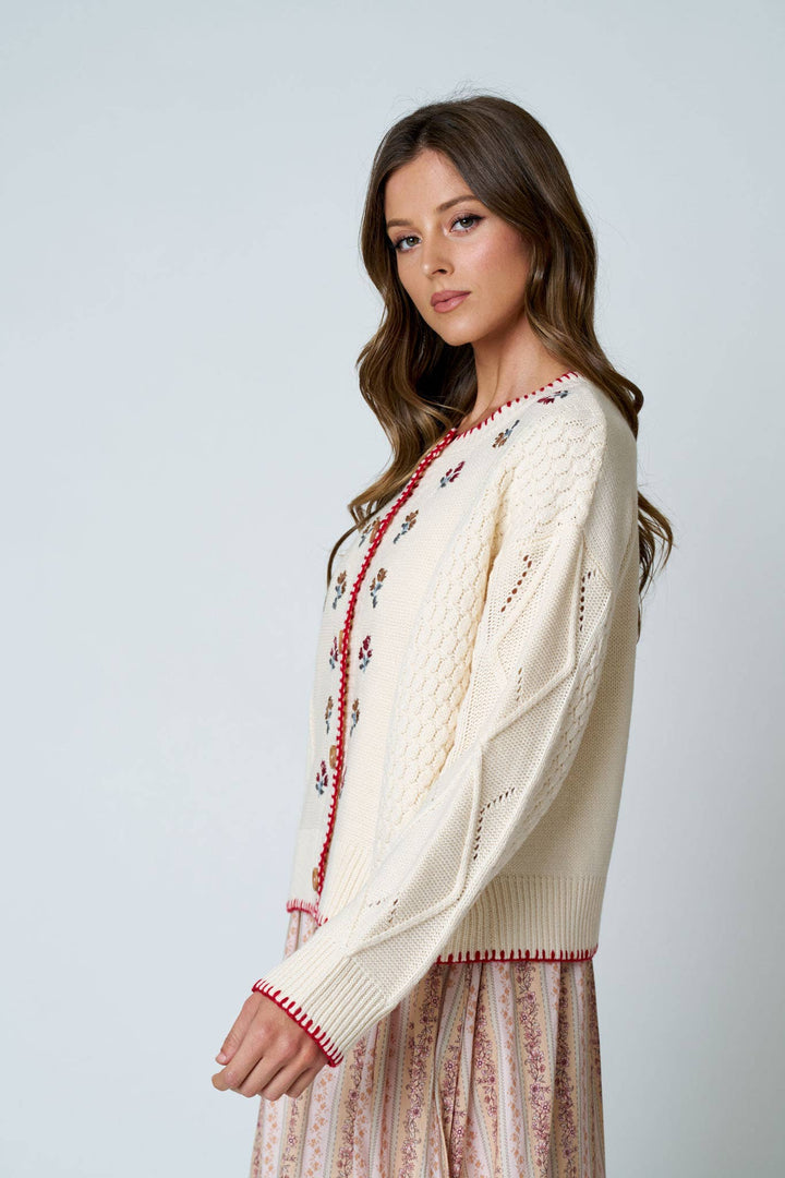 RILEY FLORAL EMBROIDERY CONTRAST STITCH KNIT CARDIGAN