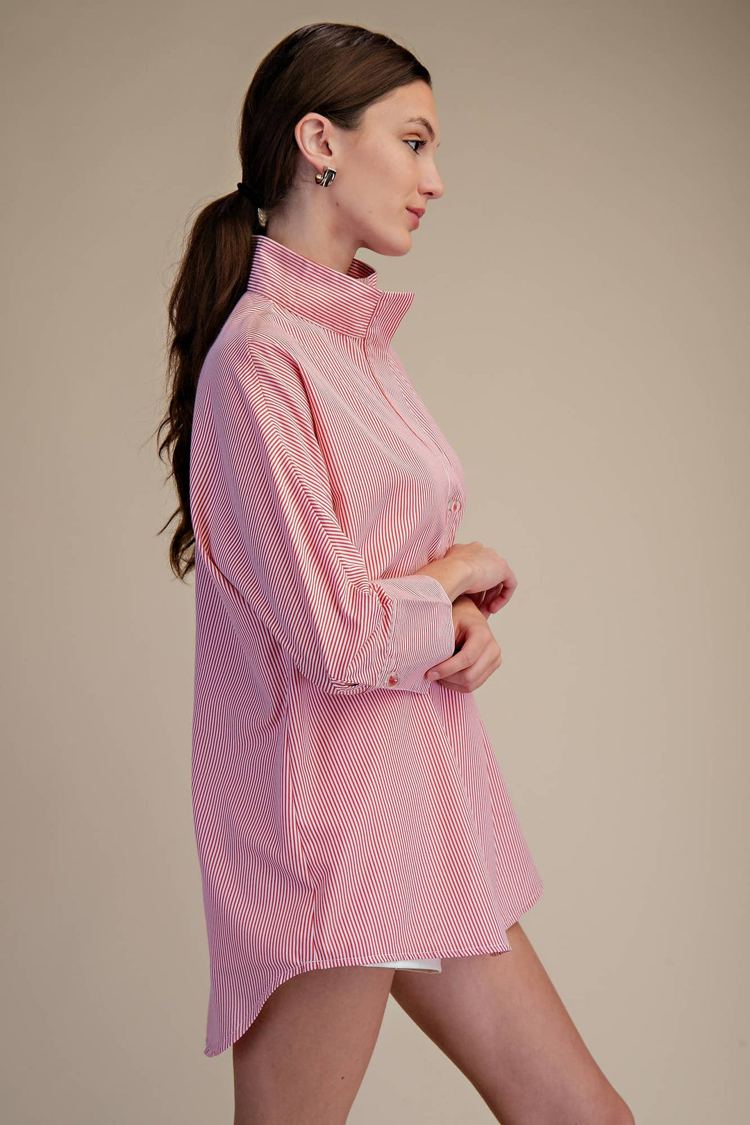 Clara Stand Neck Dolman Sleeves Shirt- Red - Pine & Moss