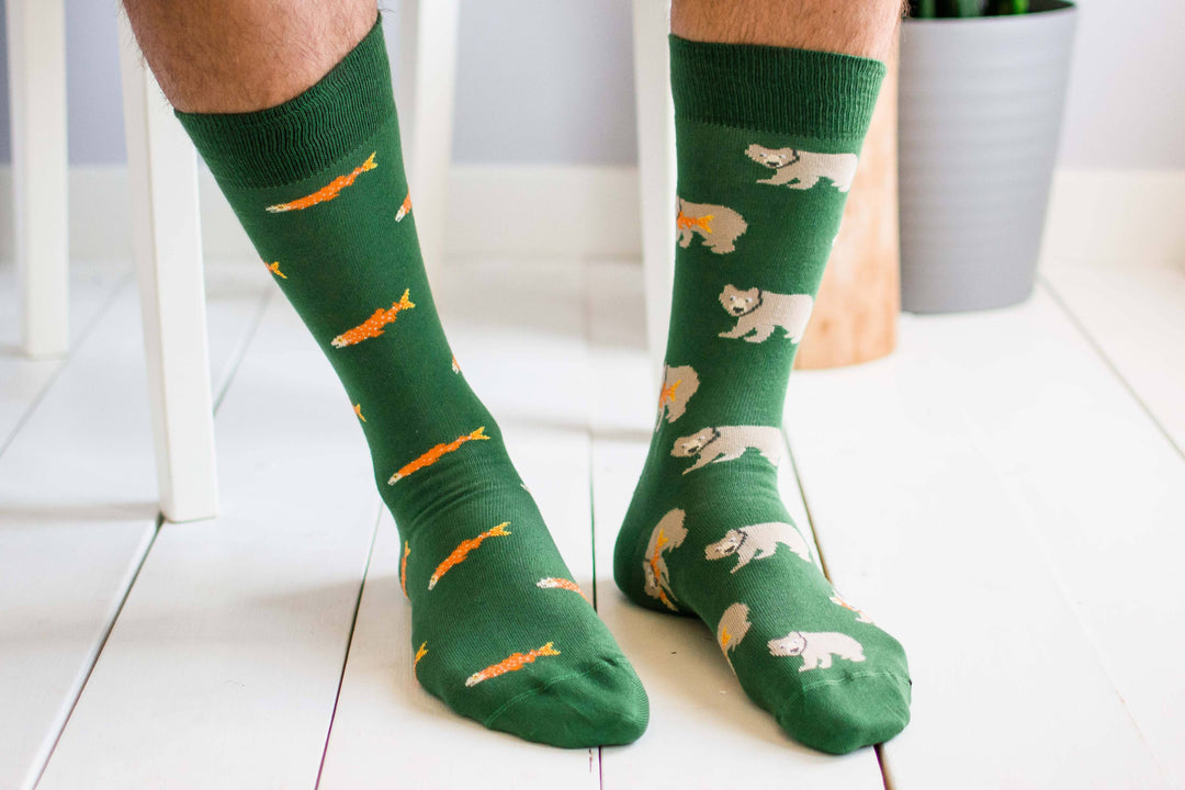 Men’s Socks | Grizzly Bear & Salmon | Wildlife | Mismatched: Men's 7 - 12