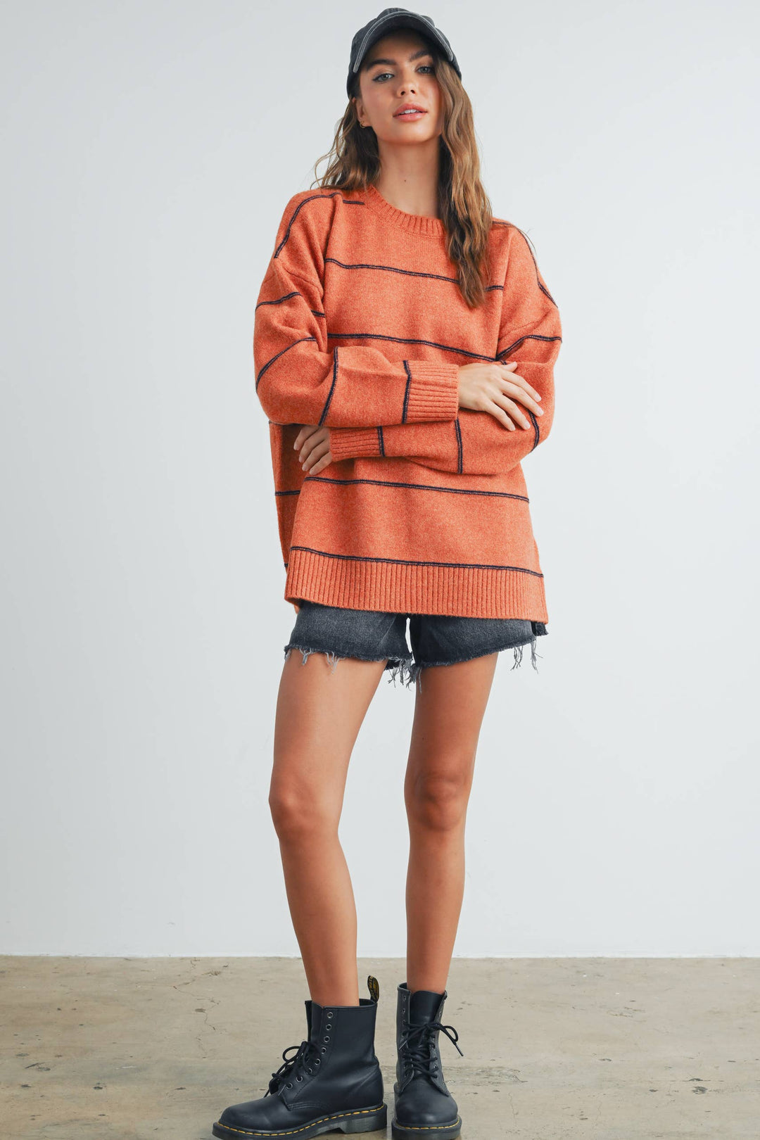 Trish Striped Pattern Drop Shoulder Sweater- Rust
