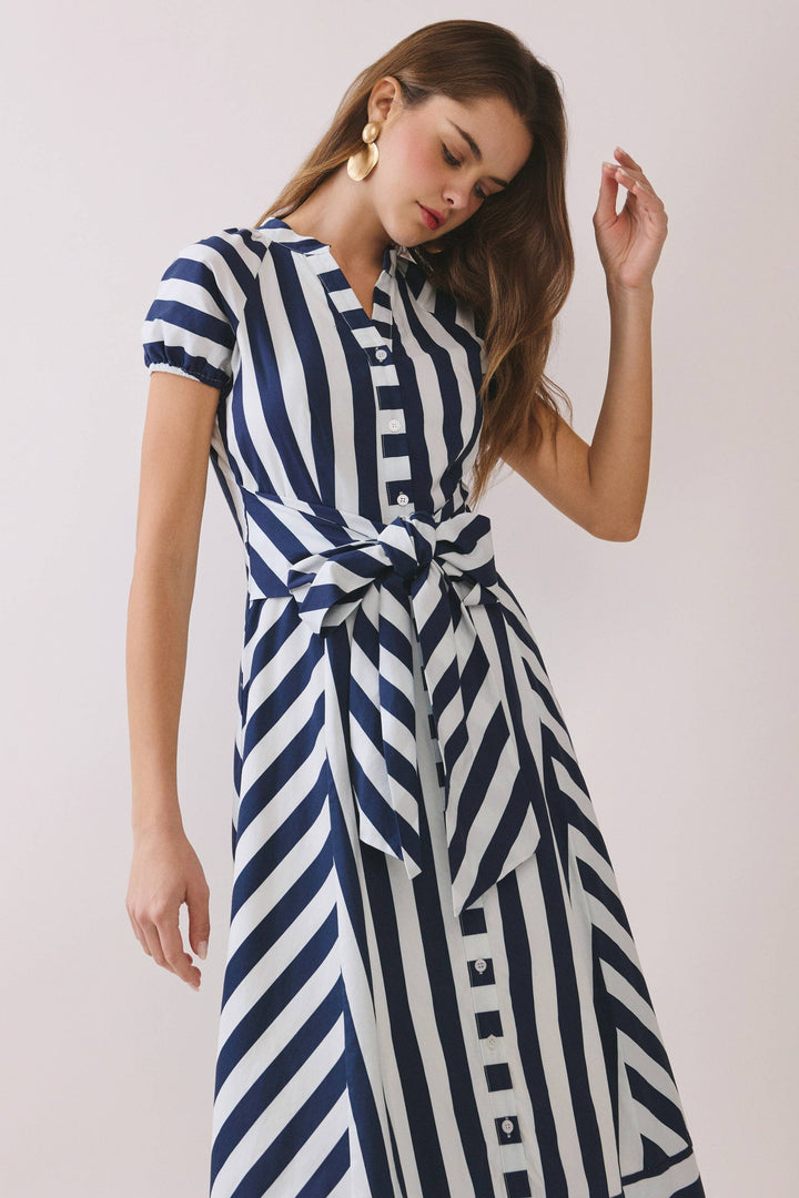 Thea Mixed Striped Button Down Midi Dress- navy