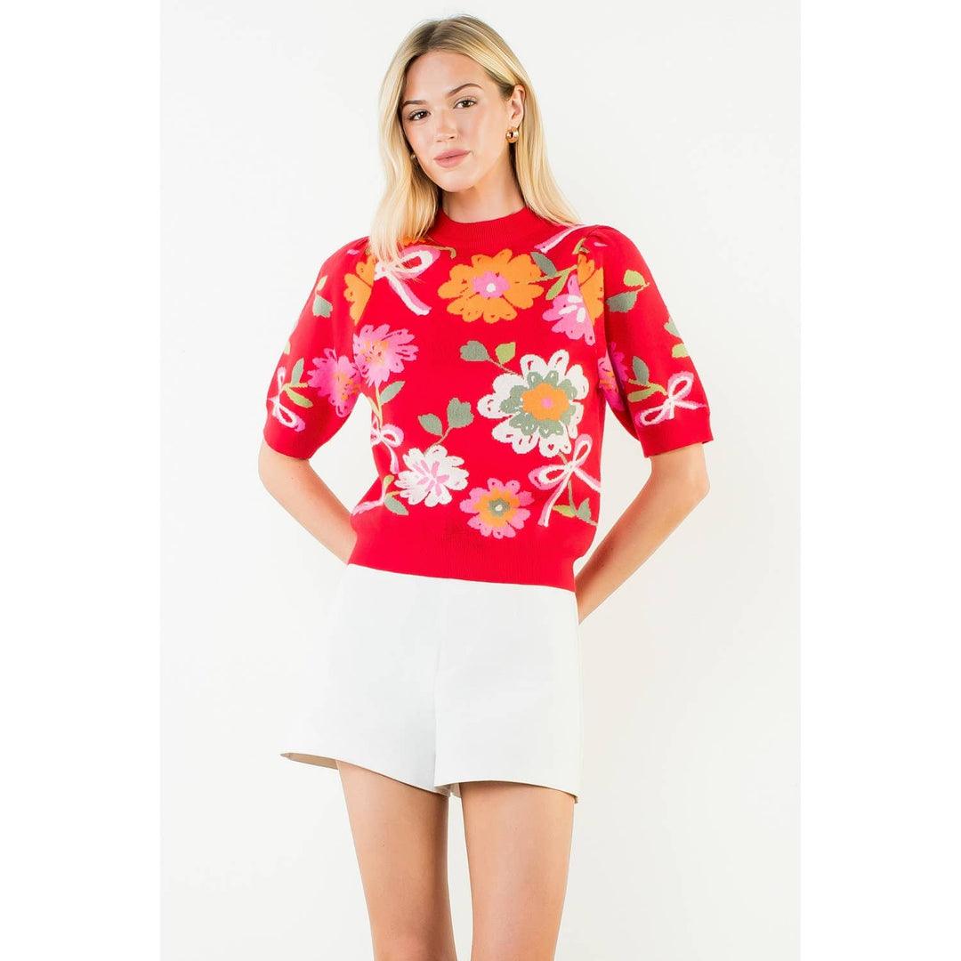 Elodie- Short Sleeve Floral Detail Knit Top - Pine & Moss