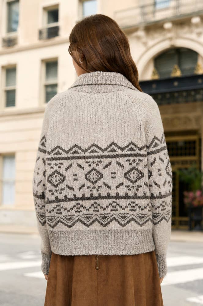 Ava MOCK NECK TOGGLE BUTTON FAIR ISLE KNIT CARDIGAN