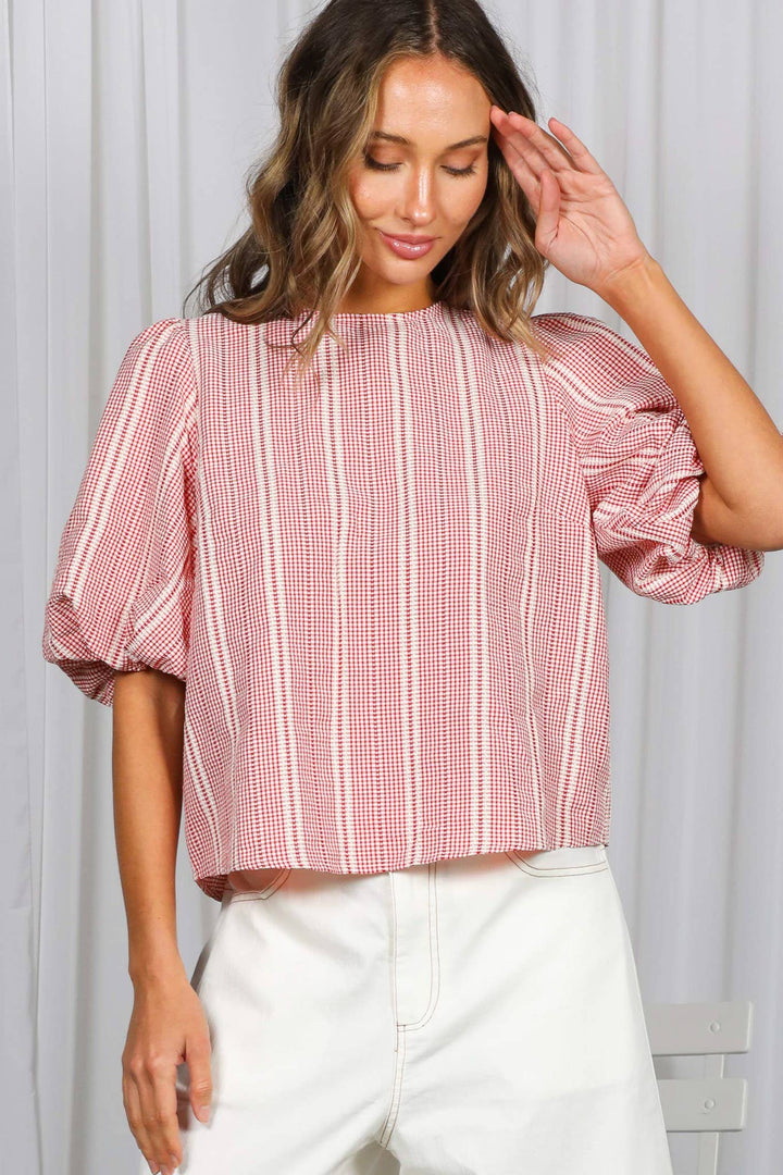 Zara V-Back 2 Bow Accent Feminine Plaid Top- Red - Pine &amp; Moss