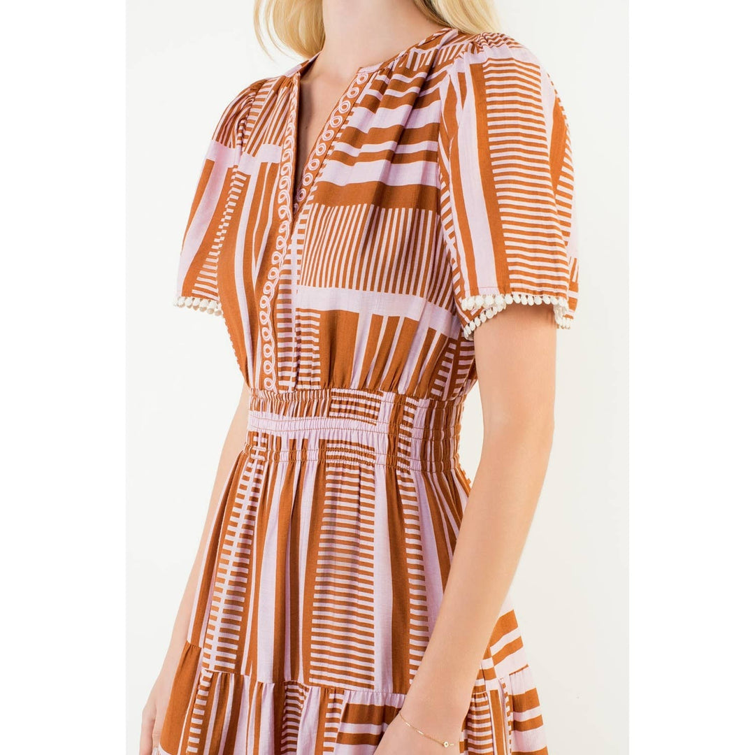 Maribel- Short Sleeve Pattern Smocked Midi Dress - Pine & Moss