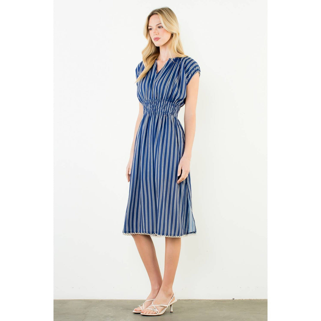 Lillian- Striped Smocked Waist Short Sleeve Dress - Pine & Moss