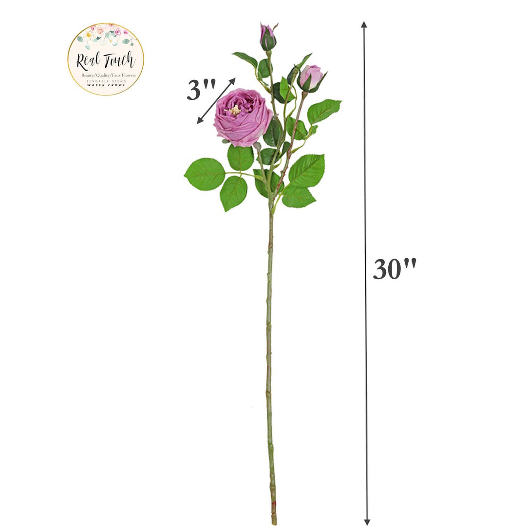 3-Head Real touch English Austin Cabbage Rose Stem: 30"-Rosegold Pink