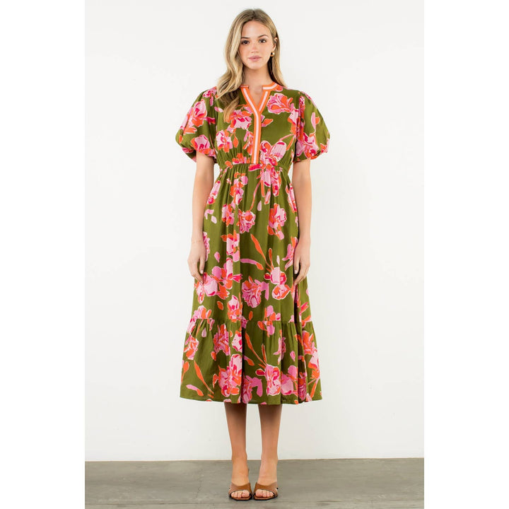 Adelaide- Puff Sleeve Floral Midi Dress - Pine & Moss