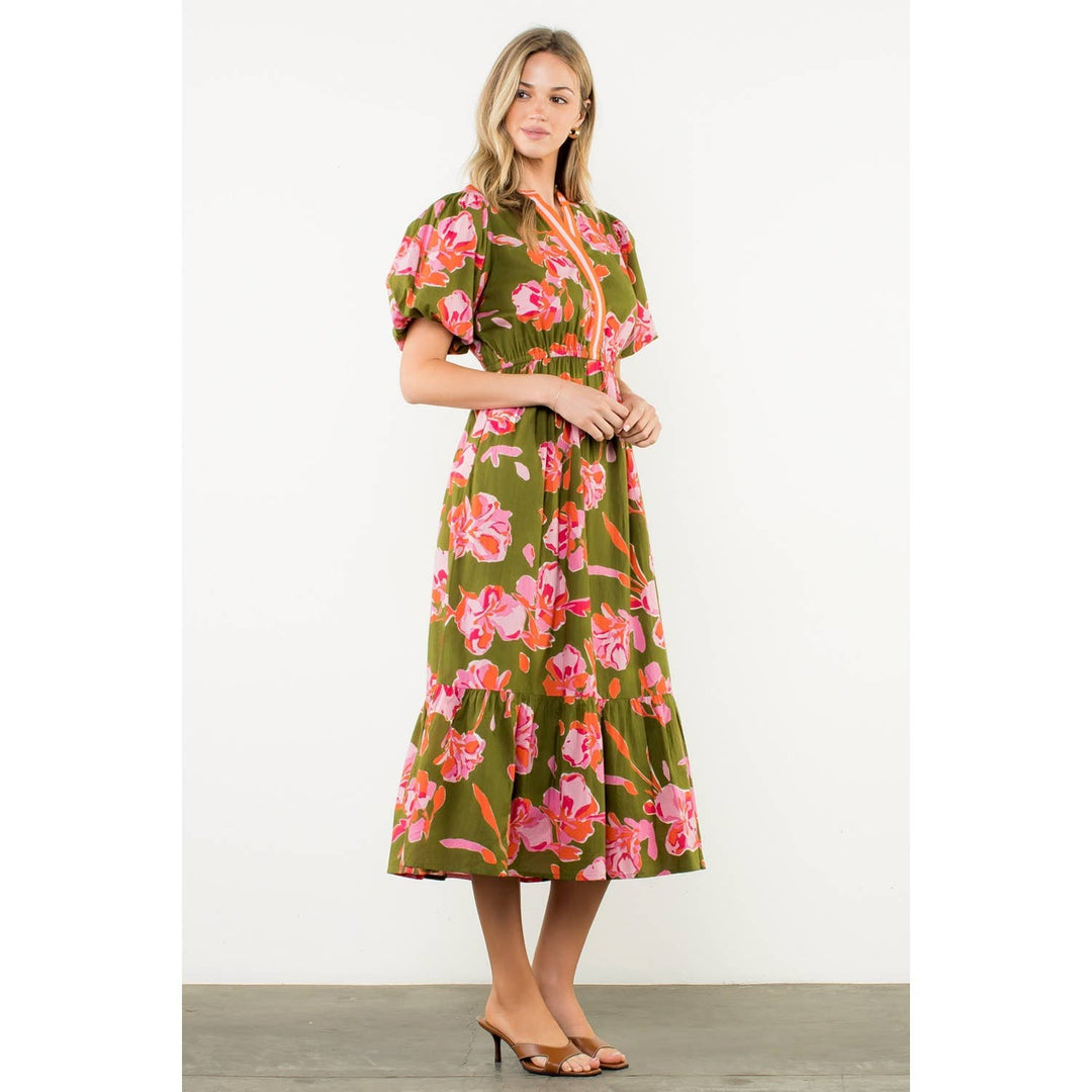 Adelaide- Puff Sleeve Floral Midi Dress - Pine & Moss