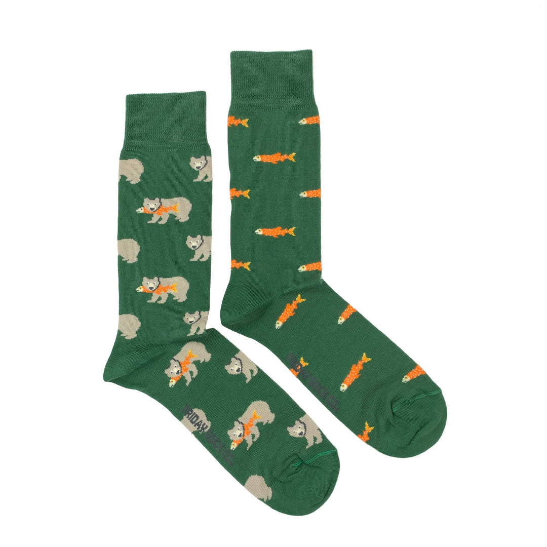 Men’s Socks | Grizzly Bear & Salmon | Wildlife | Mismatched: Men's 7 - 12