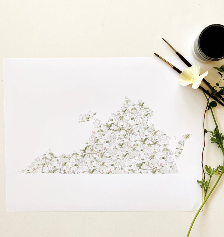 Virginia State Flower Map - ART PRINT: Watercolor / 8" x 10"