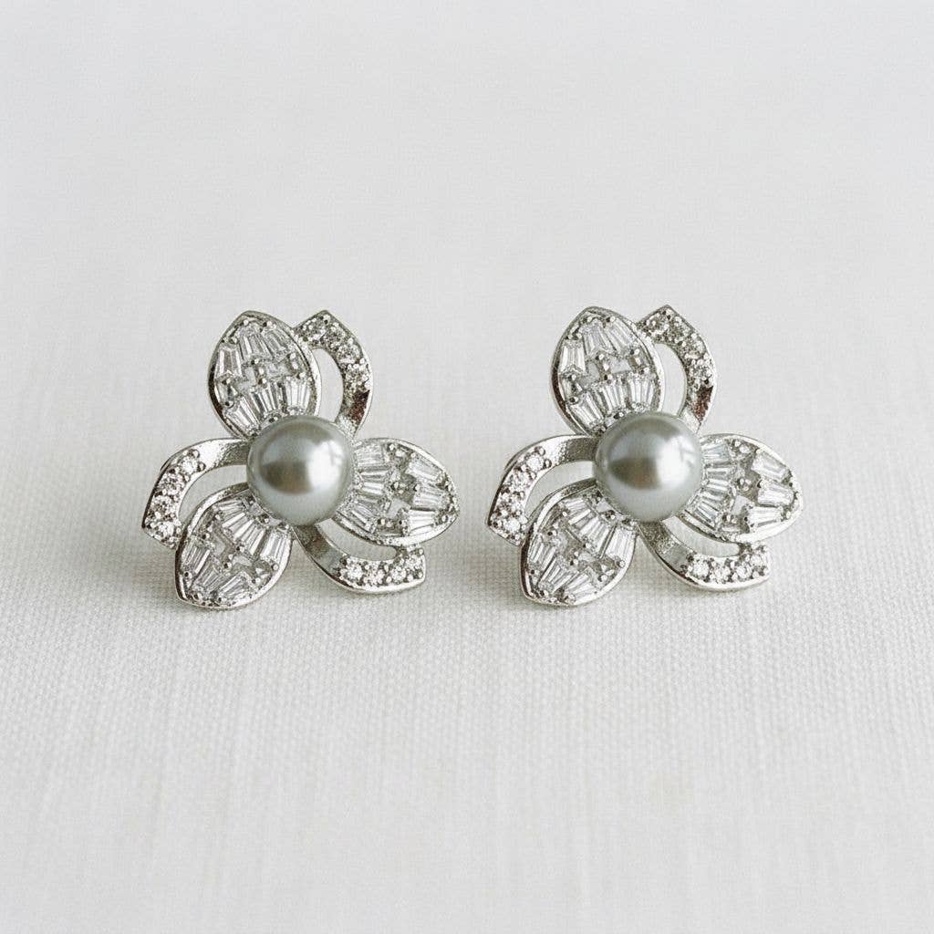 Silver Blossom- Chic Floral Gemstone Drop Earrings