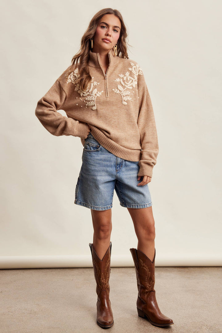 Kristi Floral Embroidered Quarter-Zip Sweater