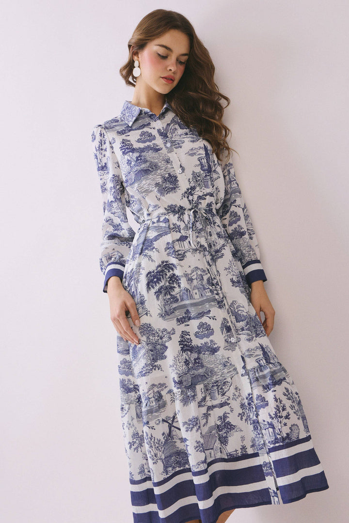 Poppy PrintedShirt Dress- Navy